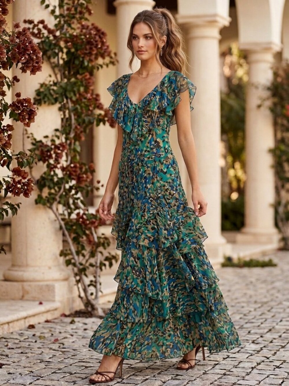 Robbie Bee Abstract Floral Tiered Ruffle Maxi Embellished Dress 16